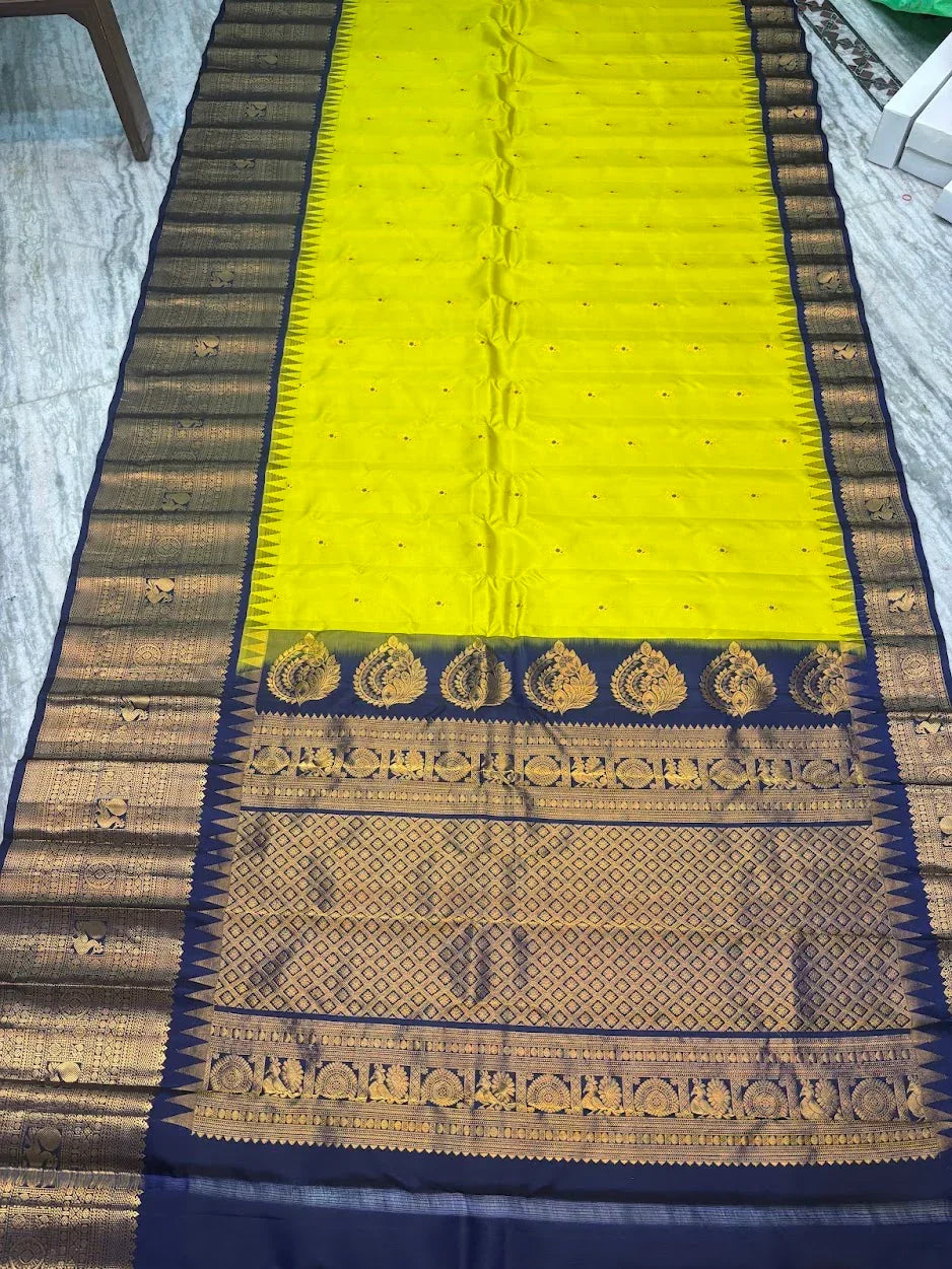 Pure Gadwal Silk Saree in Vibrant Lemon Yellow &amp; Royal Blue | Handwoven Gold Zari Border &amp; Rich Pallu | Traditional Festive Wear - pochampallysarees.com
