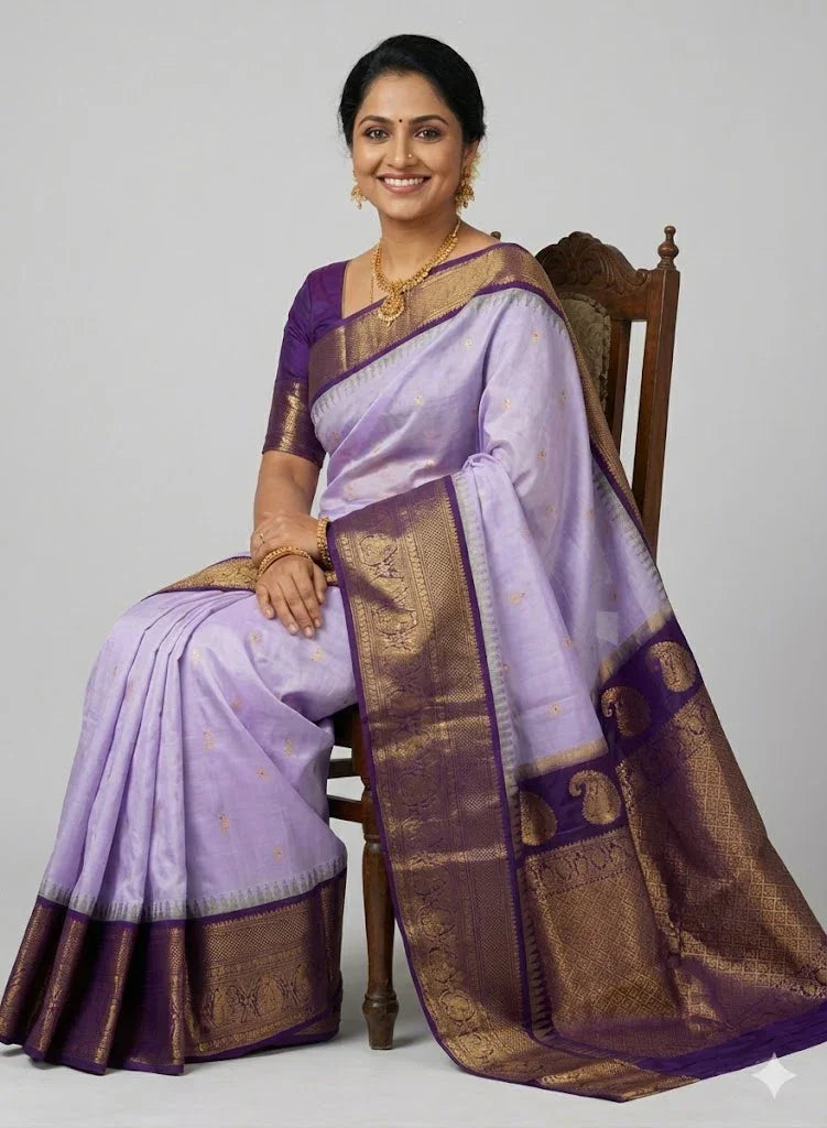 Pure Handloom Gadwal Silk Saree in Lavender &amp; Deep Purple | Rich Gold Zari Temple Border &amp; Paisley Pallu | Traditional Wedding &amp; Festive Wear - pochampallysarees.com