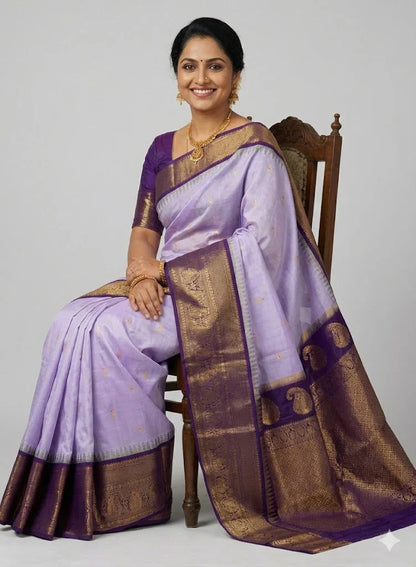Pure Handloom Gadwal Silk Saree in Lavender &amp; Deep Purple | Rich Gold Zari Temple Border &amp; Paisley Pallu | Traditional Wedding &amp; Festive Wear - pochampallysarees.com