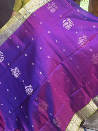 Pure Kanchipuram Pattu Saree with gold zari border Purple And Olive Green Saree -Pochampallysarees.com