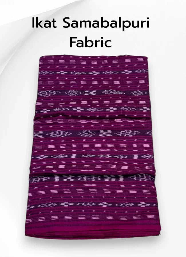 Folded purple pure cotton Sambalpuri fabric featuring traditional woven Ikat motifs