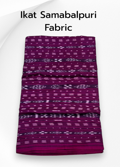 Folded purple pure cotton Sambalpuri fabric featuring traditional woven Ikat motifs
