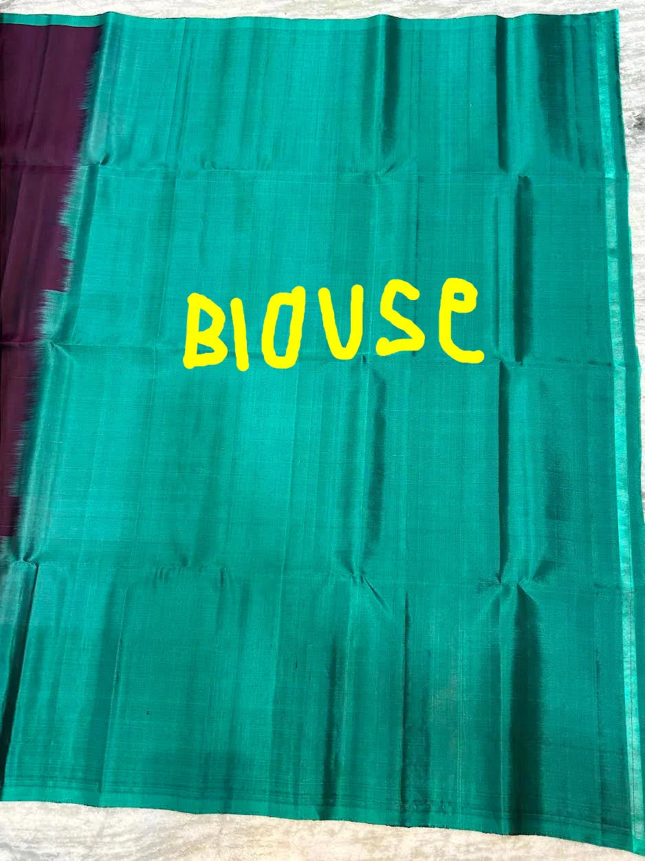 Deep Purple Soft Silk Saree with Sea Green Checkered Border &amp; Vertical Zari Stripes - pochampallysarees.com
