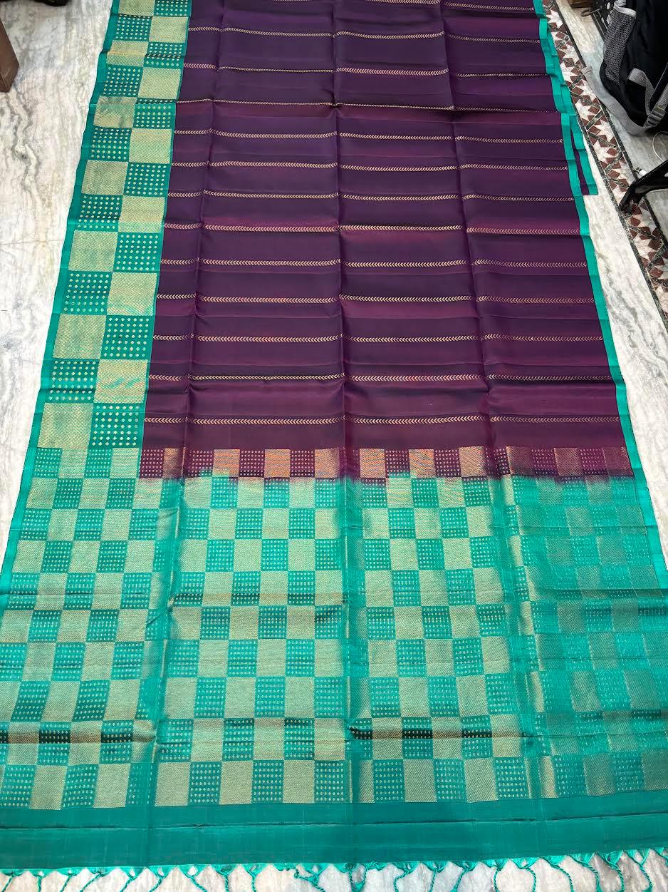 Deep Purple Soft Silk Saree with Sea Green Checkered Border &amp; Vertical Zari Stripes - pochampallysarees.com