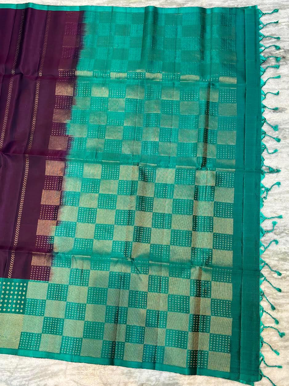 Deep Purple Soft Silk Saree with Sea Green Checkered Border &amp; Vertical Zari Stripes - pochampallysarees.com