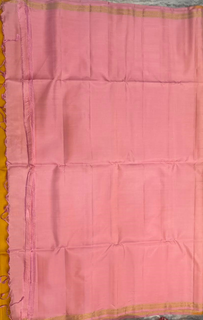 Pink Kanchi Soft Silk Saree Plain Middle Yellow Pallu Pink