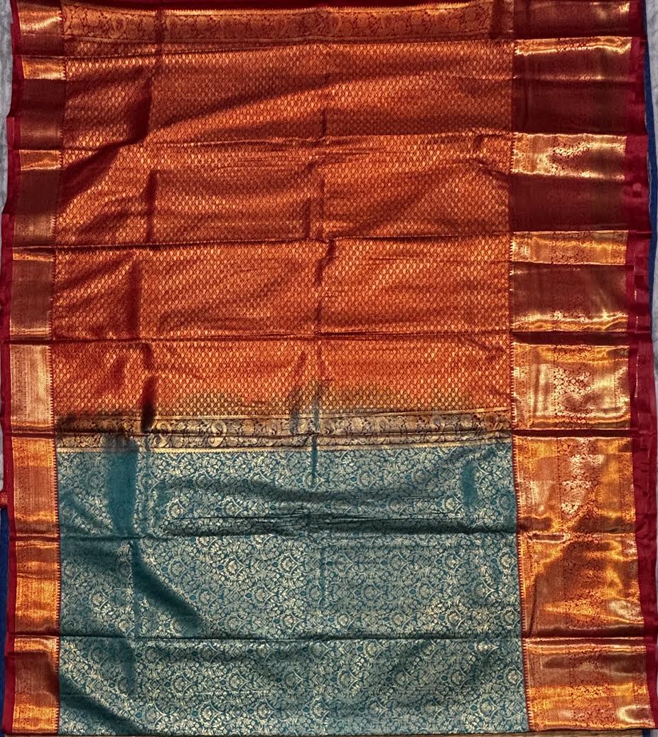 Traditional Teal &amp; Orange Semi-Dharmavaram Silk Saree
