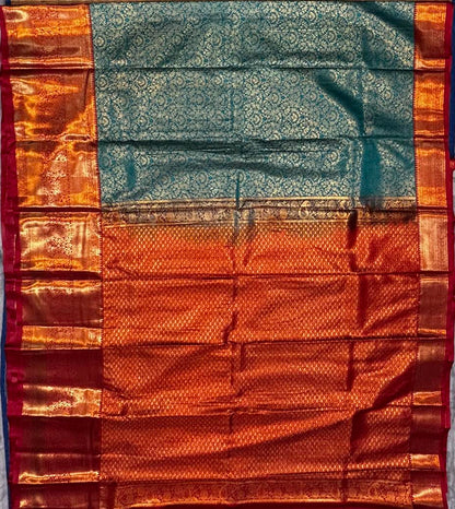 Traditional Teal &amp; Orange Semi-Dharmavaram Silk Saree