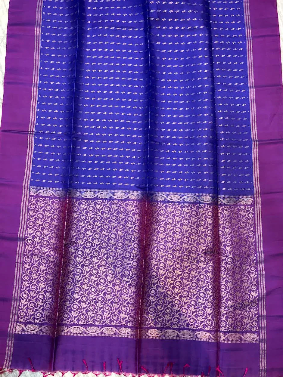 PURE SOFT SILK SAREE BLUE AND PURPLE WITH ALLOVER BUTTI DESIGN WEAVES IN BORDER AND PALLU TISSUE STYLE - pochampallysarees.com