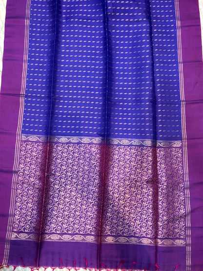 PURE SOFT SILK SAREE BLUE AND PURPLE WITH ALLOVER BUTTI DESIGN WEAVES IN BORDER AND PALLU TISSUE STYLE - pochampallysarees.com