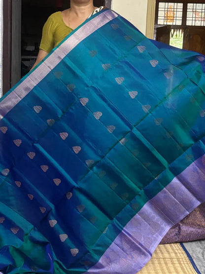 Rama Green Light Voilet Color Designer Kanchi Pure Soft Silk Saree - pochampallysarees.com