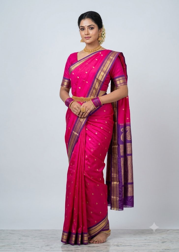 Indian model draped in a rani pink Gadwal silk saree featuring a rich purple and gold zari border against an off-white studio background