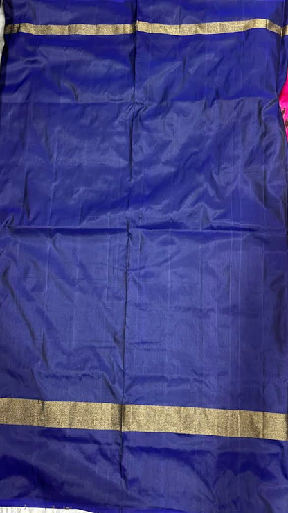 Vibrant Magenta Pink &amp; Navy Blue Pure Ikkat Silk Saree with Geometric Motifs