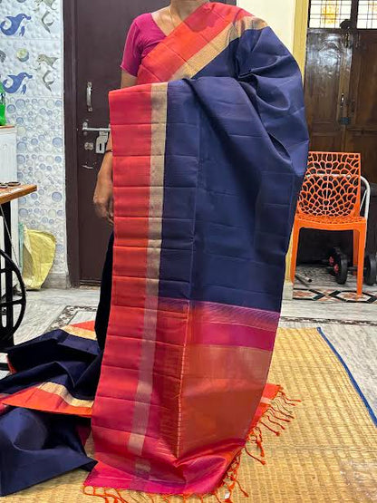 Kanchi Soft Silk Saree in Regal Navy Blue with Contrast Pink &amp; Orange Zari Border
