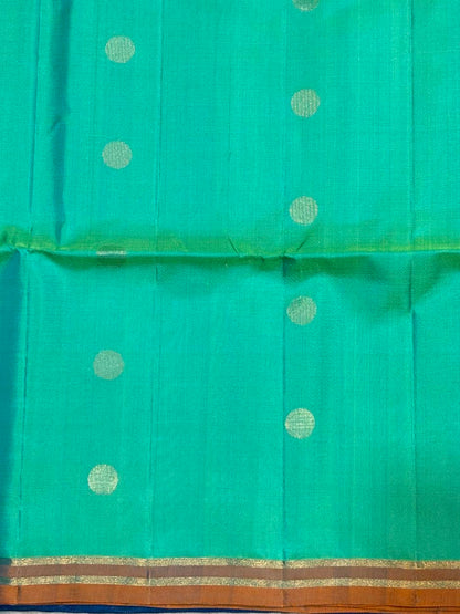 Silk Mark Certified Sea Green &amp; Rust Orange Kanchi Soft Silk Saree with Brocade Pallu