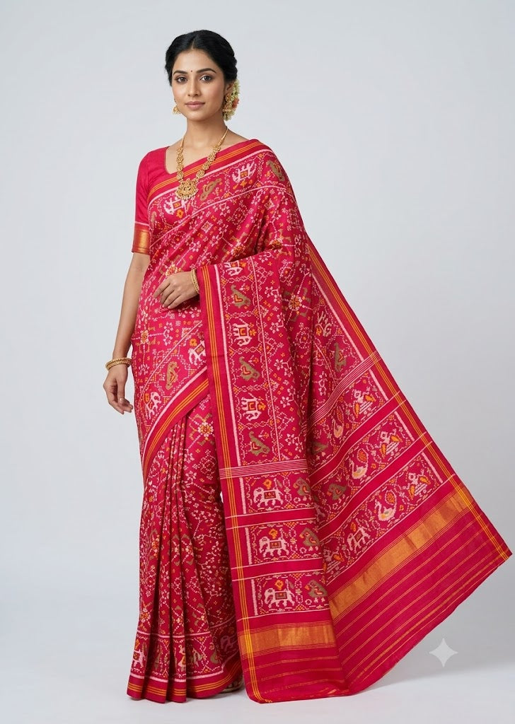 Model wearing a real handwoven Rani pink Patan Patola pure silk saree with traditional elephant and parrot ikat patterns