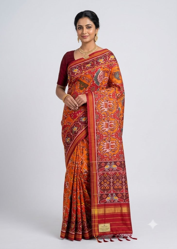 Elegant Indian woman in traditional red and orange authentic handwoven Patola silk saree with elephant and peacock motifs