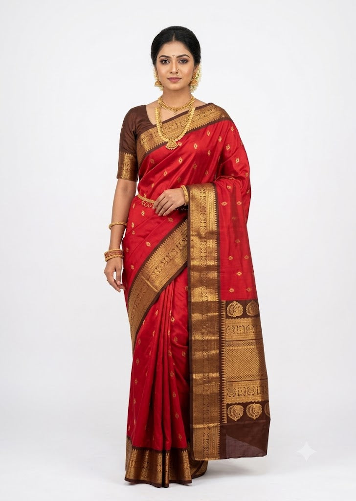 Indian woman wearing a traditional red and chocolate brown Gadwal silk saree with heavy gold zari border standing against a white backdrop