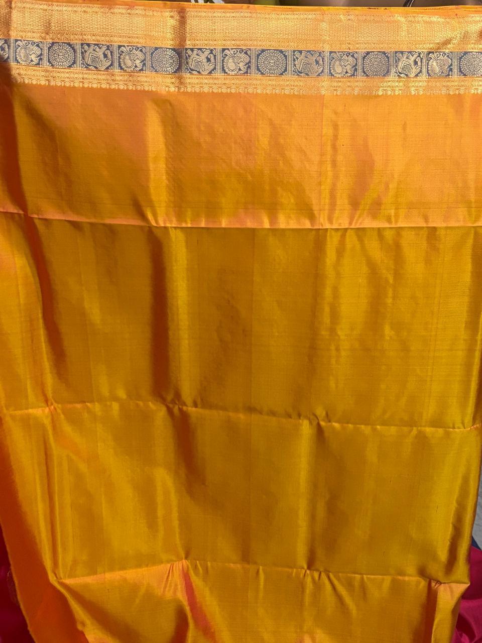 Pure Handloom Kanchipuram Soft Silk Saree in Pink &amp; Yellow | Silk Mark Certified | Traditional Wedding Saree | COD Available - pochampallysarees.com