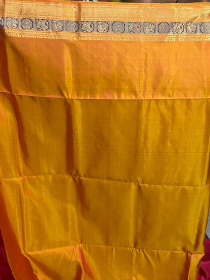 Pure Handloom Kanchipuram Soft Silk Saree in Pink &amp; Yellow | Silk Mark Certified | Traditional Wedding Saree | COD Available - pochampallysarees.com