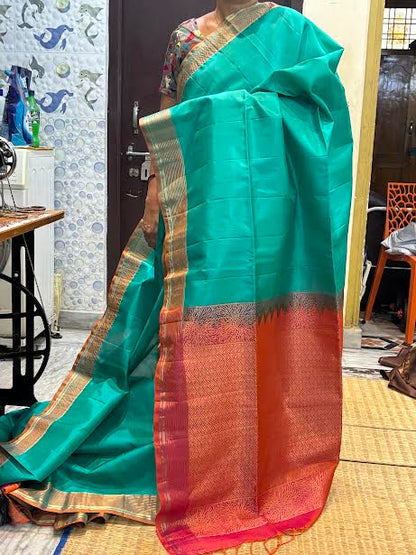 Sea Green Silk Saree with Coral Red Zari Pallu &amp; Matching Red Blouse