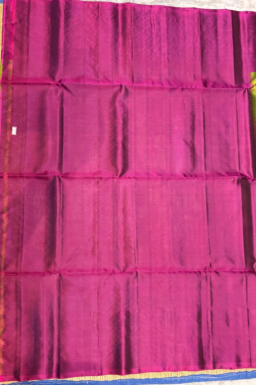 Leaf Olive Green &amp; Deep Magenta Kanchipuram Soft Silk Saree (Silk Mark Certified)