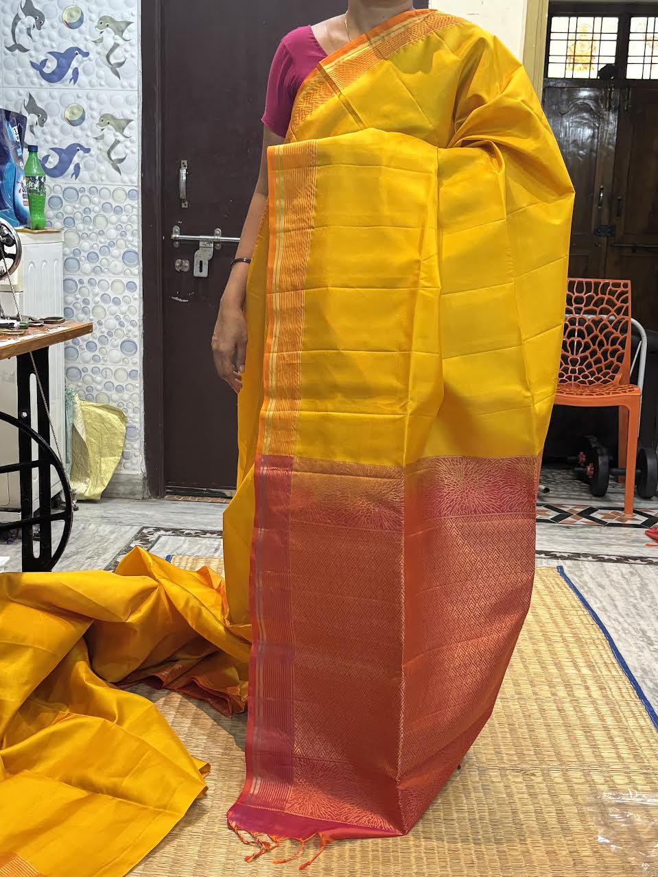 Elegant Kanchi Soft Silk Saree in Mustard Yellow with Contrast Coral-Pink Border