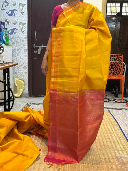 Elegant Kanchi Soft Silk Saree in Mustard Yellow with Contrast Coral-Pink Border