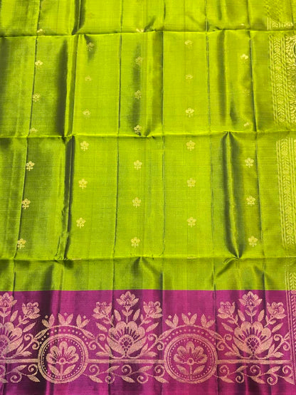 Leaf Olive Green &amp; Deep Magenta Kanchipuram Soft Silk Saree (Silk Mark Certified)