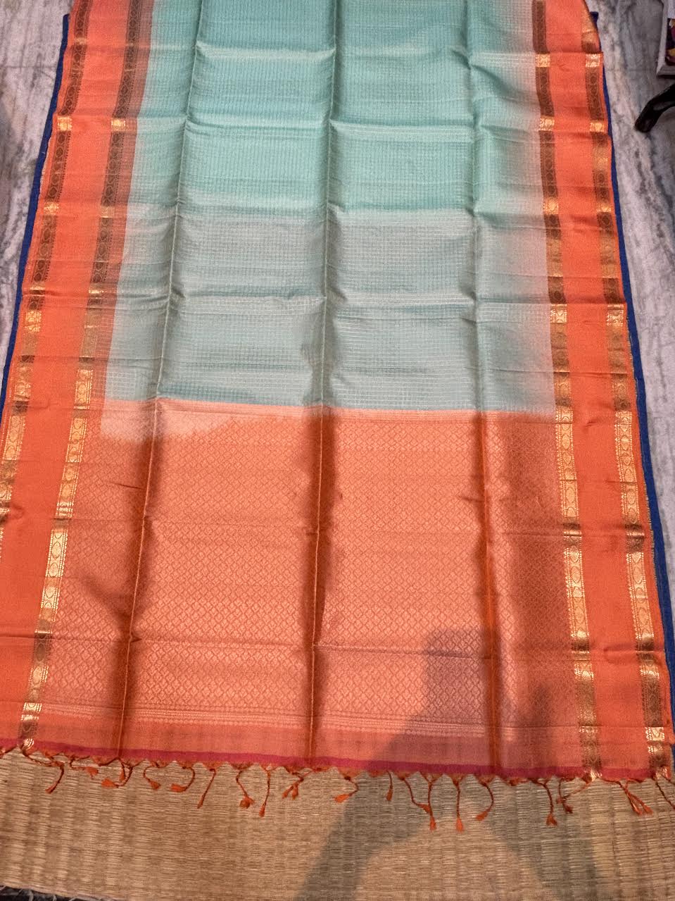 Authentic Sea Green &amp; Copper Orange Kanchipuram Silk Saree with Silk Mark