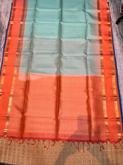 Authentic Sea Green &amp; Copper Orange Kanchipuram Silk Saree with Silk Mark