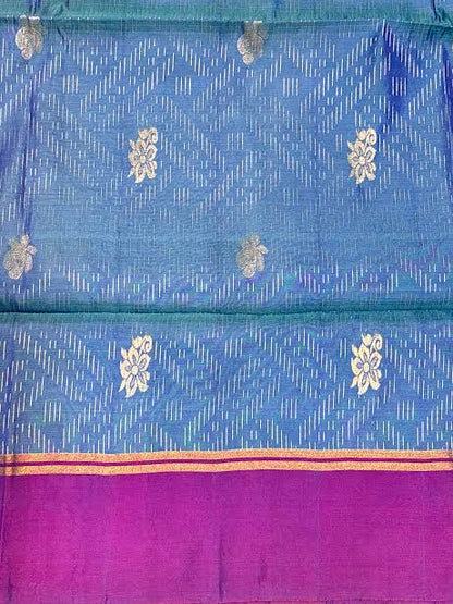 Royal Blue Soft Silk Saree with Contrast Rani Pink Zari Pallu and Purple Border