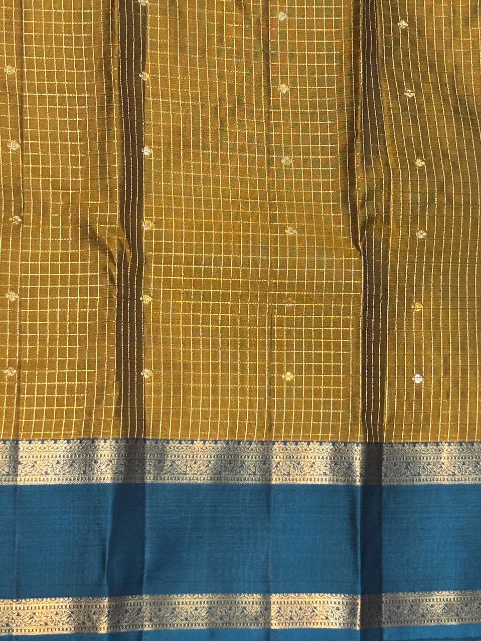 Mustard Yellow &amp; Slate Blue Pure Kanchi Silk Saree with Teal Zari Border
