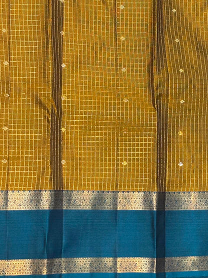 Mustard Yellow &amp; Slate Blue Pure Kanchi Silk Saree with Teal Zari Border