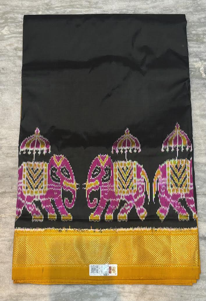 Premium Black &amp; Mustard Yellow Pochampally Ikat Silk Saree with Elephant Motifs