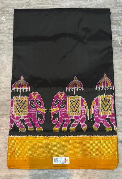 Premium Black &amp; Mustard Yellow Pochampally Ikat Silk Saree with Elephant Motifs