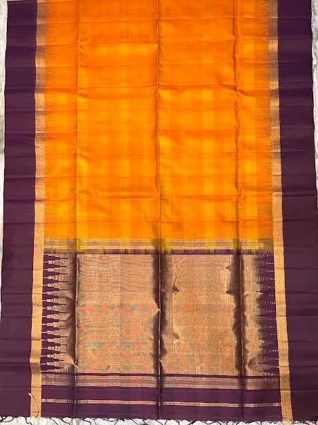 Traditional Orange and Purple Silk Saree with Gold Zari Border and Checks