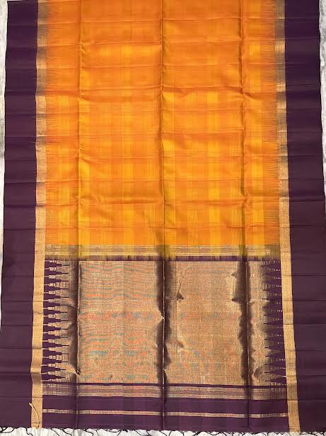 Traditional Orange and Purple Silk Saree with Gold Zari Border and Checks