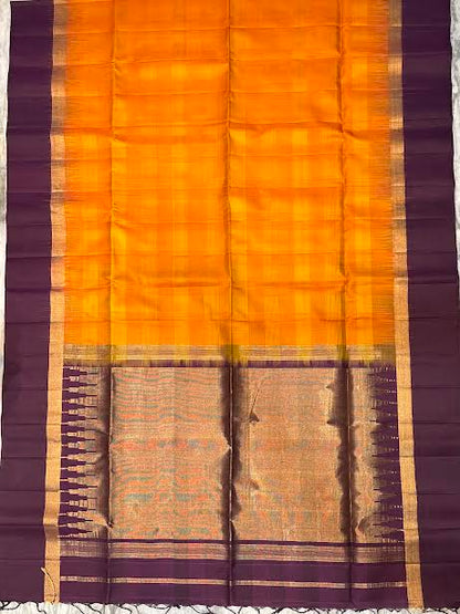 Traditional Orange and Purple Silk Saree with Gold Zari Border and Checks