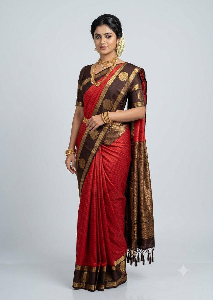 Model draped in a crimson red pure Kanchi silk saree featuring a dark chocolate brown contrast border and ornate gold zari pallu.