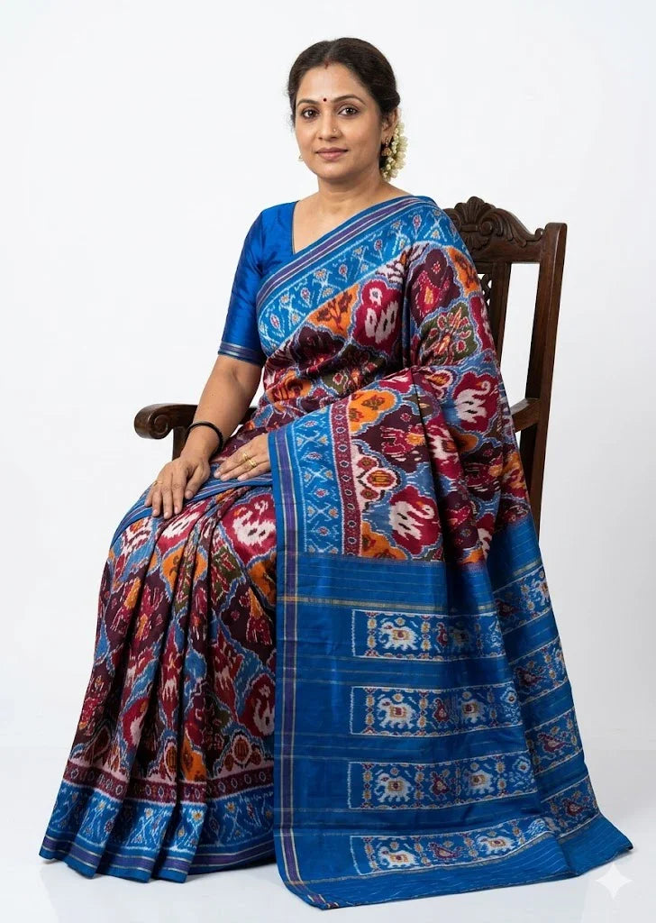 A beautiful traditional Indian woman sitting on a carved wooden chair against a stark white background. She is elegantly draped in a vibrant royal blue and maroon Patola-inspired Ikat silk saree featuring intricate geometric patterns. The saree has a prominent royal blue pallu detailed with traditional woven elephant motifs, and she is wearing a matching solid royal blue silk blouse.