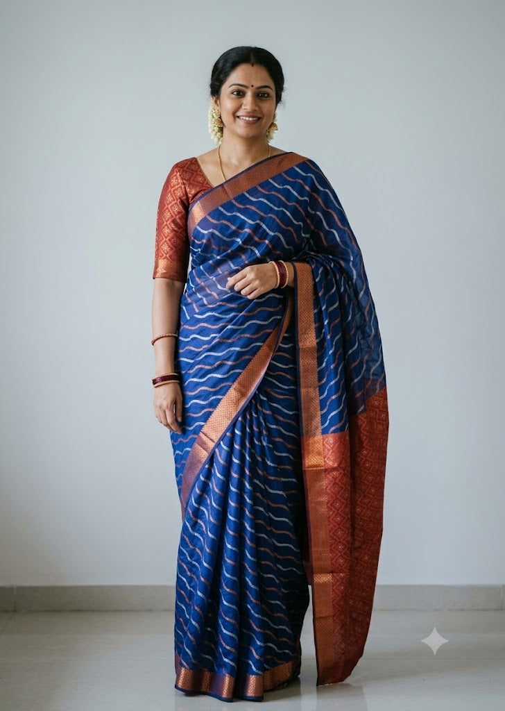Woman wearing a traditional royal blue Kuppadam Pattu saree with wavy silver and copper zari stripes, copper zari border, and contrast maroon red floral brocade pallu and blouse.
