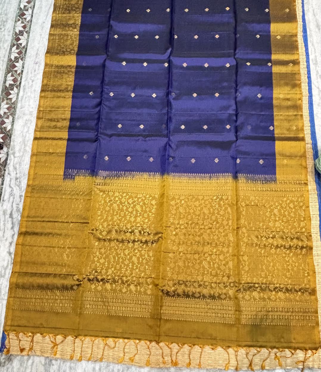 Royal blue Kanchi pattu soft silk saree with zari floral buttis and contrast mustard gold zari brocade pallu, Silk Mark certified