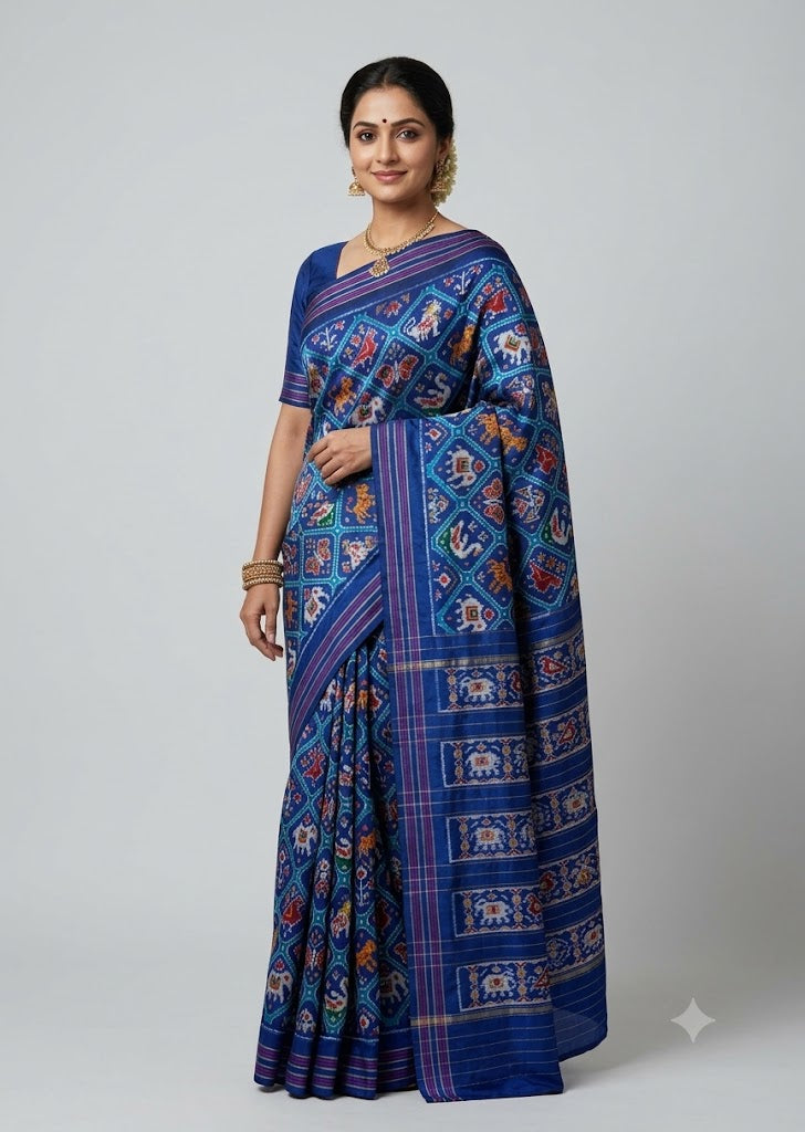 Indian woman draped in an elegant royal blue pure silk Patola saree featuring traditional animal motifs, standing against a clean neutral studio backdrop.