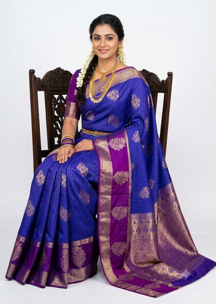 Indian woman wearing a royal blue semi Dharmavaram silk saree with deep purple zari border, sitting gracefully on an antique wooden chair against a plain white studio background.