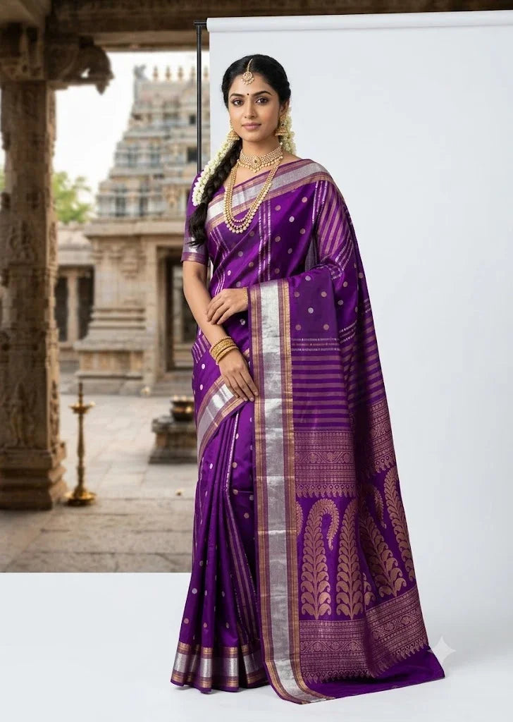 Elegant model posing in a royal purple Kanchi soft silk saree with silver and gold zari border against a temple background.