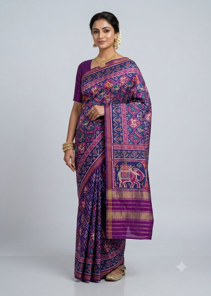 Model wearing a royal purple traditional Patola silk saree with elephant motifs and a plain purple blouse against a light studio backdrop.