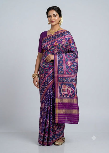 Model wearing a royal purple traditional Patola silk saree with elephant motifs and a plain purple blouse against a light studio backdrop.