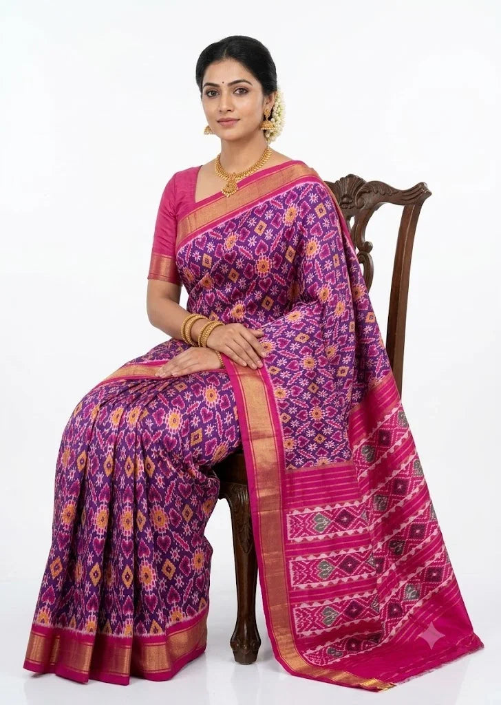 A beautiful traditional Indian woman sitting elegantly on a dark wood chair, wearing a royal purple and pink Ikkat silk Patola saree with geometric patterns and a gold zari border, set against a seamless white background.