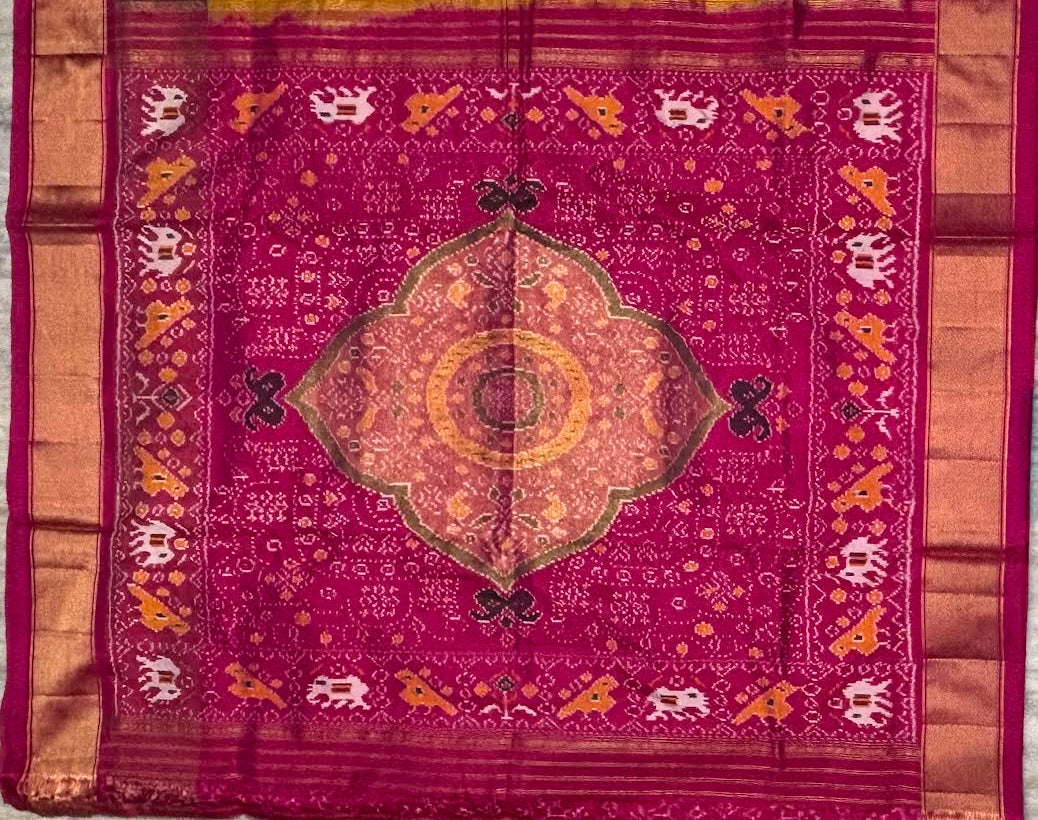 Authentic Pure Ikkat Silk Saree in Yellow &amp; Magenta with Traditional Motifs